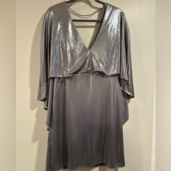 Halston Heritage Short Metallic Silver A-line Cape Sleeve V-Neck Dress Size10 NW - Picture 4 of 16